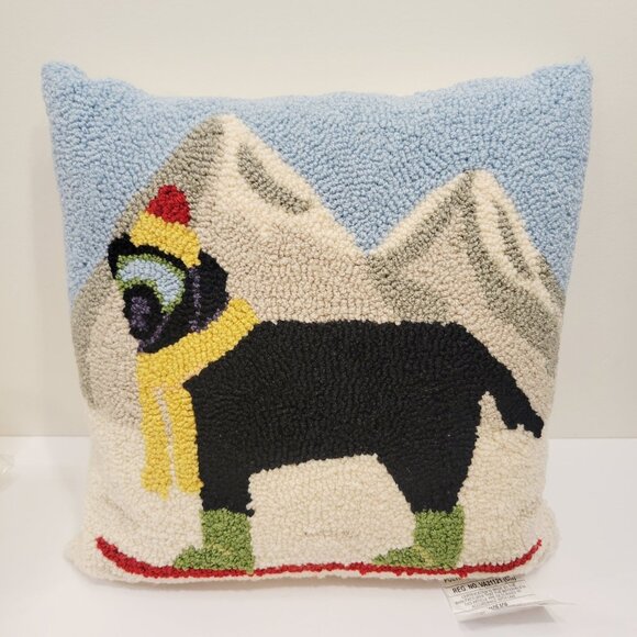 Black Lab Dog Hat Scarf Wool Hooked Decor Pillow Winter Skiing Peking Handicraft - Picture 1 of 6